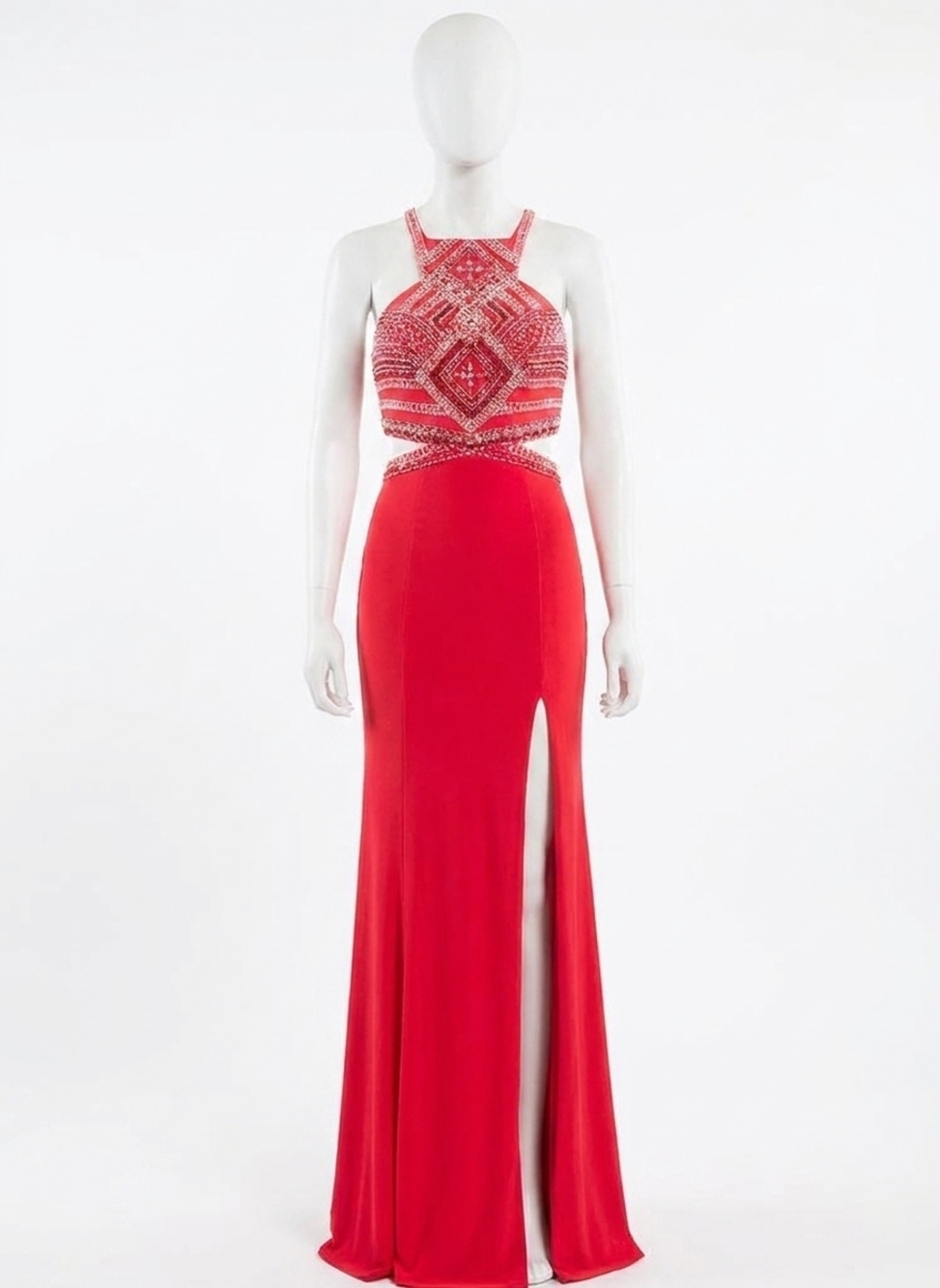 NEW RACHEL ALLAN beaded halterneck evening gown with high slit in tangerine